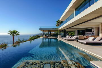 Obraz premium Capture the ultimate luxury vacation experience at a stunning resort. A crystal-clear swimming pool surrounded by lush palm trees, with the backdrop of a serene sea and sandy beach