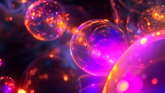Close-up view of glowing spheres of energy merging together in a dark background, Glowing spheres of energy merging together