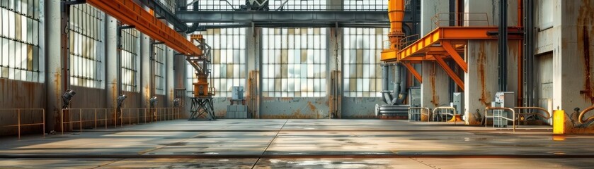 Spacious, sunlit factory floor with industrial machinery, large windows, and high ceilings accentuated by orange beams