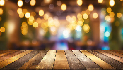 Wooden table, blurred bokeh background background. Neon light, night view, close-up. The general background of the interior, a dark background.