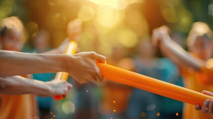 Vibrant relay race with participants passing a bright orange baton under warm sunlight