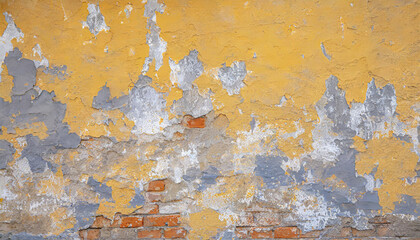 Old weathered painted wall background texture. Yellow dirty peeled plaster wall with falling off flakes of paint.