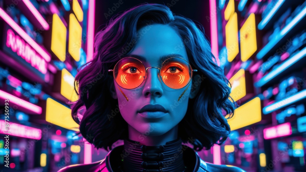 Wall mural a woman with neon glasses and a futuristic city behind her, ai