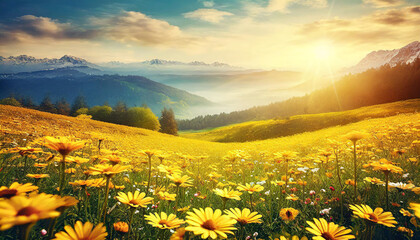 Obraz premium Abstract soft focus sunset field landscape of yellow flowers and grass meadow warm golden hour sunset sunrise time. Tranquil spring summer nature closeup and blurred forest background