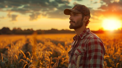 Farmer Overlooking Field at Sunset with Tractor in Background. Generative ai.