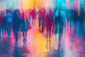 Crowd of people walking in modern city with motion blur effect at night