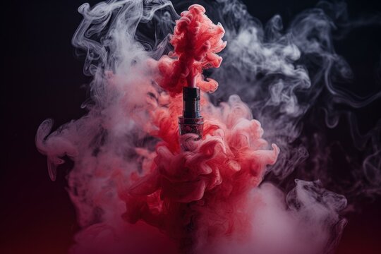 Vape pen surrounded by swirling red and white smoke against a dark background
