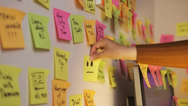 Close-up of hand of an overwhelmed woman adding vibrant sticky notes to a wall already filled with reminders. Time organization and planning