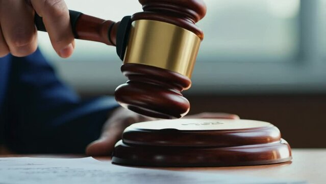 Judge is hitting gavel off a block in courtroom. Gavel is being struck to decide an auction or guilty verdict in court. Close up on hammer of justice 4k video