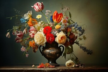 Fototapeta premium Antique vase filled with a vibrant mix of seasonal flowers on a classic backdrop
