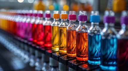 Vibrant colors of liquid in glass bottles on a production line at a factory .