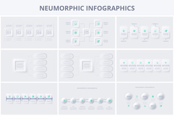 Set Neumorphic flowchart infographic. Creative concept for infographic with 4, 5 ,6, 8 options.