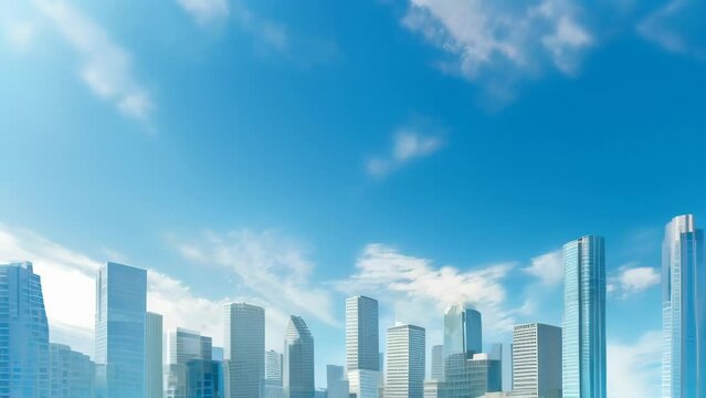 Panoramic view of a city skyline under a clear blue sky with scattered clouds. Urban landscape with modern skyscrapers and office buildings. Ideal for themes of city life, architecture, and urban deve
