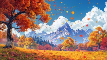 Vibrant autumn landscape with colorful leaves falling from trees, set against a backdrop of mountains and a clear blue sky