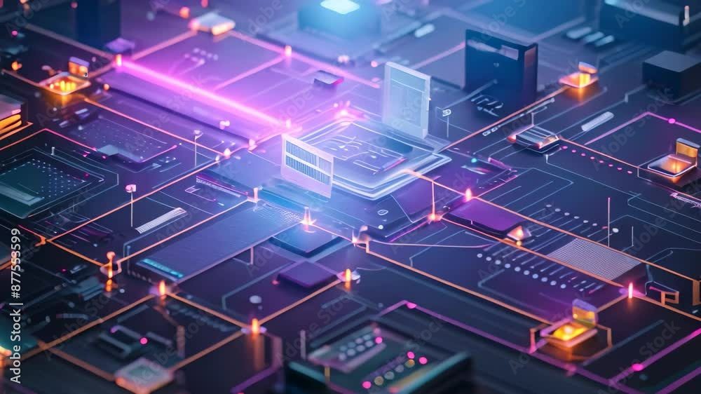 Poster close-up view of an electronic circuit board displaying graphical data transfer representation, grap