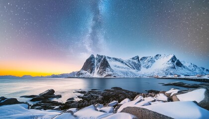  Milky Way above frozen sea coast and snow covered mountains in winter at night in Lofoten Islands, Norway. Arctic landscape with blue starry sky, water, ice, snowy rocks, milky way. Beautiful space.