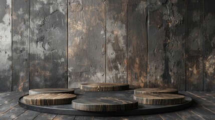 product showcase, products displayed on a rustic wooden podium against a monochrome background