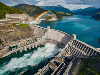 Stunning Aerial View of a Massive Hydroelectric Dam with a Rainbow and Scenic Mountains