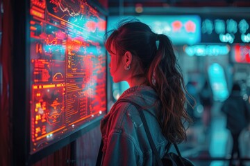 A person stands in front of a data display illuminated with vibrant neon lights, evoking curiosity