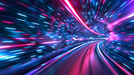 A mesmerizing scene of vibrant neon lights creating a sense of speed and motion within a futuristic tunnel.