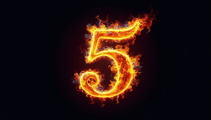The number 5 is depicted in vibrant, glowing flames