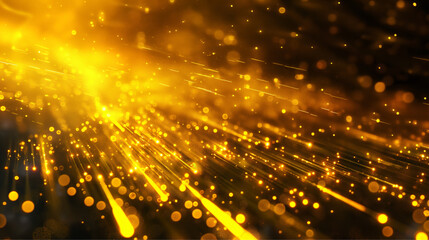 An abstract visual displaying countless golden particles in motion, creating a luminous and dynamic atmosphere.