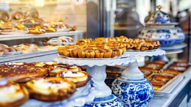 Traditional portuguese dessert Pastel de nata. Bakery shop window display.