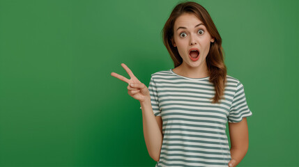 Woman in a green striped shirt making a surprised face with a peace sign, captured against a solid green background.