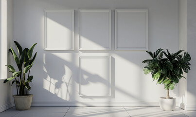 A minimalist interior space featuring four blank frames on a white wall and two potted plants in the sunlight.