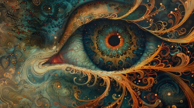 cosmic wisdom, a symbolic eye representing all-knowing wisdom oversees the realm of existence, a mystical depiction of universal enlightenment
