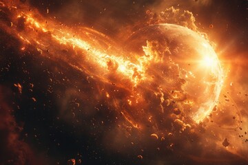 An apocalyptic cosmic event with a planet engulfed in flames and explosions