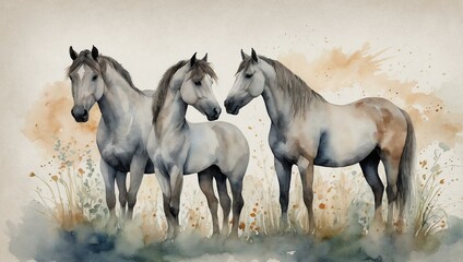 Obraz premium Three elegant horses standing together in a watercolor artwork, set against a light, abstract background.