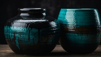 Two elegant black and teal pottery pieces are displayed on a wooden table, showcasing intricate designs and fine craftsmanship.