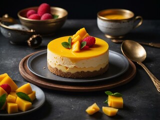 A beautifully crafted mango cheesecake topped with fresh mango chunks, raspberries, and mint leaves on a dark plate.