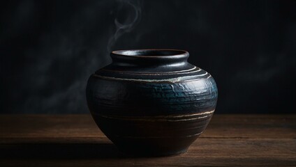 A mesmerizing black pottery vase with steam rising, blending modern abstract art with traditional craftsmanship.