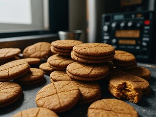A close-up of several cookies stacked on a table, with one cookie showing a bite, in a cozy kitchen setting.