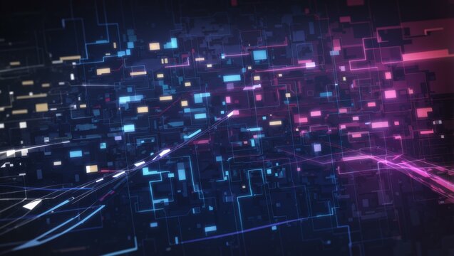 A digital abstract image featuring a network of neon lights and geometric lines, symbolizing connectivity and technology.