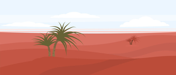 Red desert landscape of the hilly area. Horizontal calm natural landscape with sandy dunes, blue sky, and green palm trees. Oasis in the desert. Flat illustration style. Abstract red desert landscape.