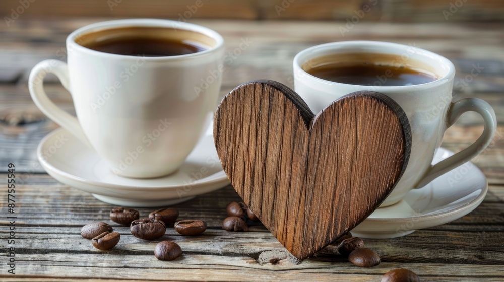 Sticker wooden heart beside coffee cups on table