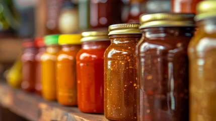 Glass Jars: Containing various sauces such as tomato sauce, mustard, barbecue sauce, mayonnaise, and chili sauce, each jar distinct in color and texture.
