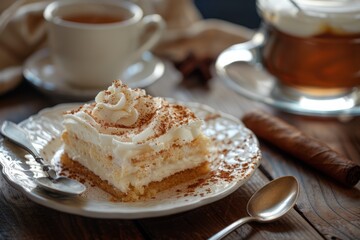 A plate of catalan cream with a spoon on a wooden table and a cuban cigar. Cake Slice,Pastry,Bubble Tea. 