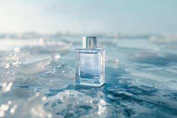 glass perfume bottle on the water surface, the concept of a fresh men's or unisex perfume, mock-up, copy space