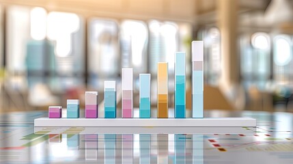 A holographic display on a futuristic tablet showcases a bar graph visualization of data, illuminated by vibrant neon lights.