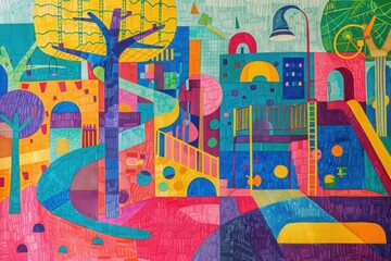Obraz premium A playful, colorful drawing of a children's playground 
