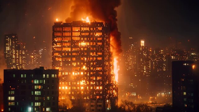 A heartbreaking scene unfolds as a building is consumed by fire in London during the nighttime, Heart-wrenching sight of a burning building against a backdrop of city lights