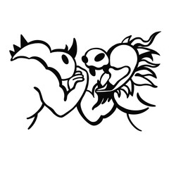 Black and white illustration with rhino and dragon. Arm wrestling