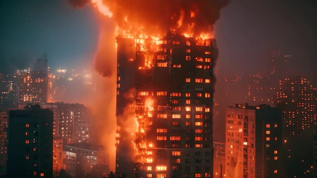 A city building ablaze with fire during the nighttime hours, Heart-wrenching sight of a burning building against a backdrop of city lights