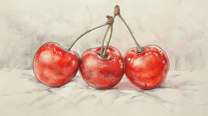   A picture of three cherries atop a sheet of paper, adorned with a pencil illustration of two cherries resting atop each cherry
