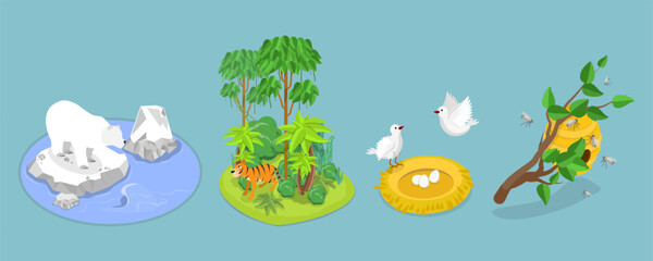 3D Isometric Flat Vector Illustration of Wild Animals Habitat Types, Geographical Wildlife Biodiversity