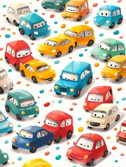 illustration of cute cartoon cars in vivid colors of yellow, red, green, blue, and white